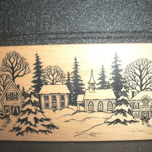RUBBER STAMP Snowy Winter Village by PSX Christmas Village  1995  4 3/4&quot; x 2 1/2&quot; K-1603 Wood Mounted