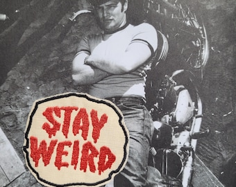 Rare embroidered patch, red version, "Stay Weird", large size, on vintage cotton fabric