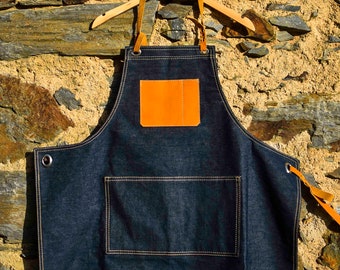 Hand made denim apron, denim apron made hand in France