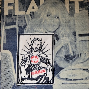 Ecusson patch brodé rare " Jesus See you in the hell  Muthafuka" sur vieux tissus coton