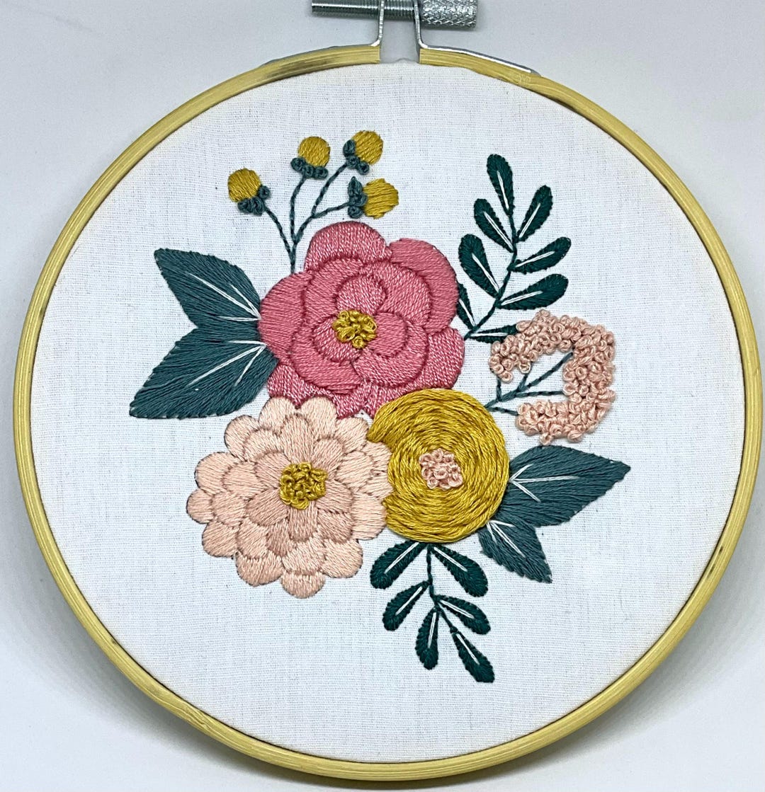 Embroidered Floral Hoop Art, Pink & Yellow Flowers - Etsy