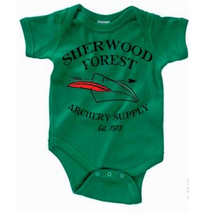 May include: A green baby onesie with the text "Sherwood Forest Archery Supply Est. 1973" and a red feather arrow graphic.