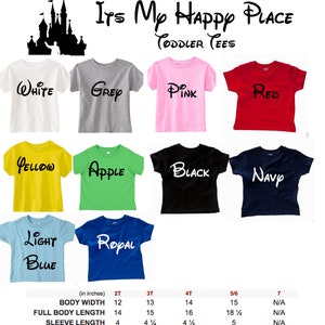 Puede incluir: Un conjunto de diez camisetas para ni&ntilde;os peque&ntilde;os en varios colores con diferentes textos impresos en ellas. Los textos incluyen "White", "Grey", "Pink", "Red", "Yellow", "Apple", "Black", "Navy", "Light Blue" y "Royal". Las camisetas est&aacute;n dispuestas en dos filas de cinco. El texto "Its My Happy Place Toddler Tees" est&aacute; impreso en la parte superior de la imagen. Una tabla de tallas se incluye en la parte inferior de la imagen.
