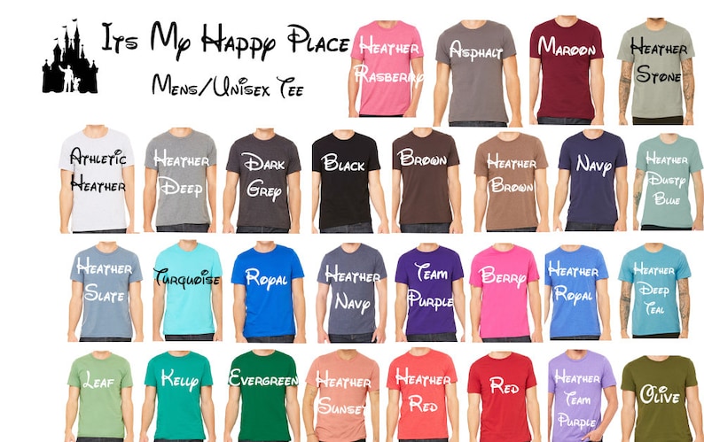 Puede incluir: Una colecci&oacute;n de camisetas de varios colores y estilos, con el texto "Its My Happy Place" y una imagen de dibujos animados de un castillo. Las camisetas est&aacute;n disponibles en una variedad de colores, incluyendo pizarra jaspeada, turquesa, azul real, azul marino jaspeado, morado de equipo, baya, azul real jaspeado, azul teal profundo jaspeado, hoja, verde kelly, verde esmeralda, atardecer jaspeado, rojo jaspeado, rojo, morado de equipo jaspeado y oliva.