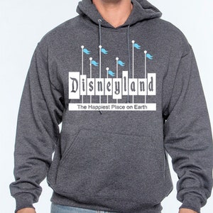 May include: A dark grey hooded sweatshirt with a white graphic of the Disneyland logo and the text "The Happiest Place on Earth".