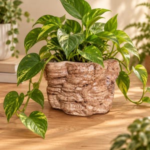 May include: A pothos plant with variegated green and yellow heart-shaped leaves growing in a textured, light brown ceramic planter. The planter has a rough, uneven surface that mimics the appearance of natural tree bark or rock formations.