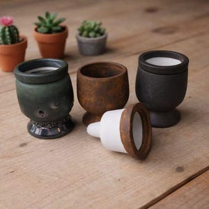 May include: A collection of small, handcrafted ceramic vessels in various colors and textures. The vessels include a dark green, a brown, and a black one. A white and brown piece lies on its side. Small potted succulents and a cactus are in the background.