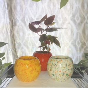 May include: Three ceramic plant pots with speckled patterns. The pots are round and have a glossy finish. The pots are yellow, orange, and white with multi-coloured speckles.