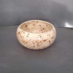 May include: A speckled ceramic bowl with a rounded shape. The bowl is off-white with brown speckles, and the interior is smooth. The bowl is suitable for serving or display.