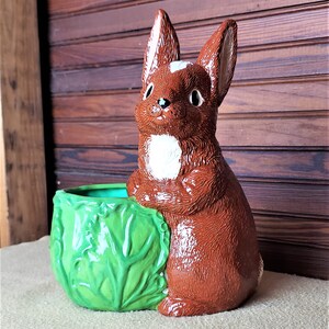 May include: A brown ceramic bunny planter with a white chest and a green cabbage-shaped pot. The bunny has long ears and is holding the planter. The planter has a green interior.