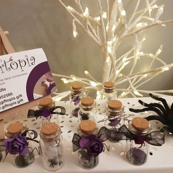 Halloween, Mini glass bottles, Halloween favours, gothic favours, guest gift, table decorations, keepsake, handmade, spiders, bats, cobwebs,