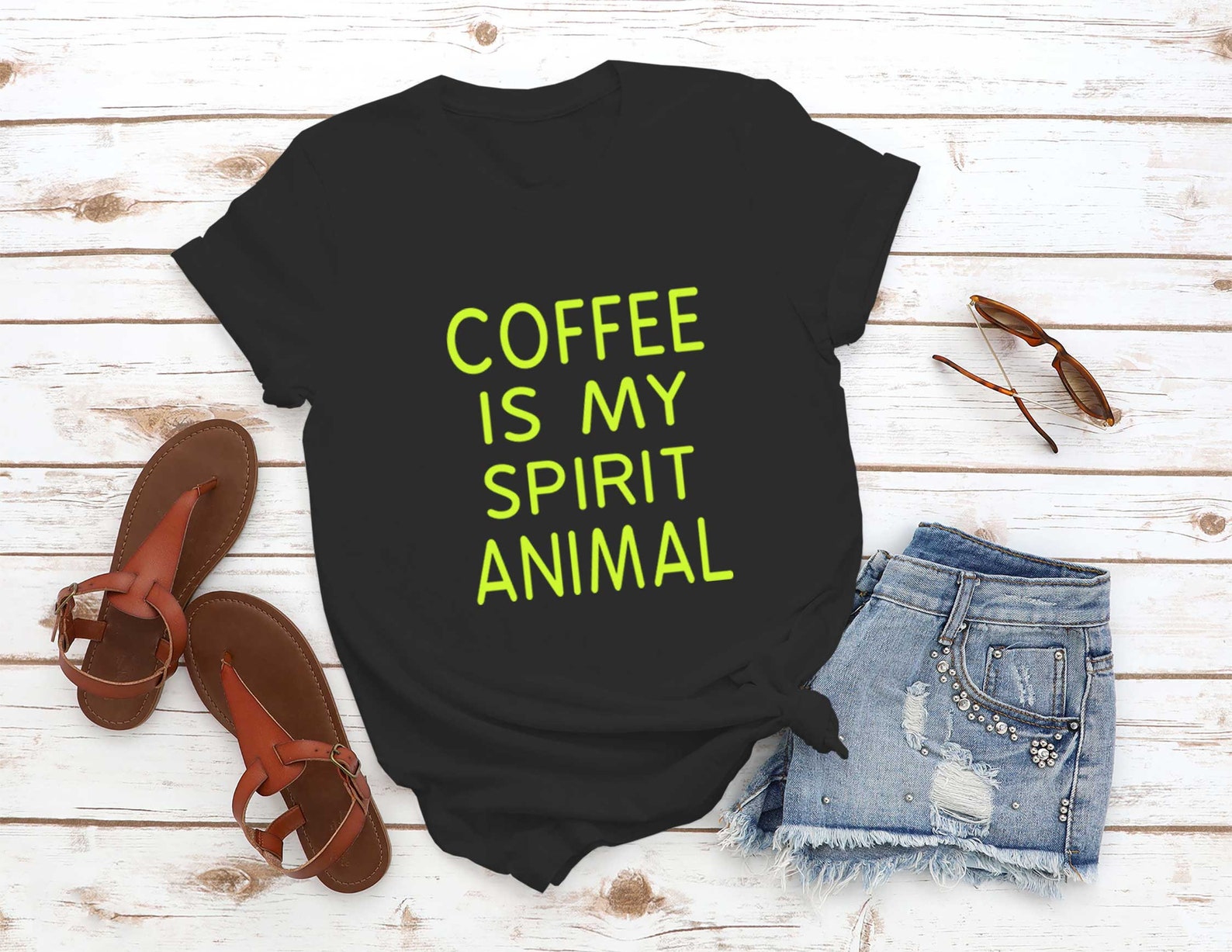 Coffee T Shirt Funny Shirts with sayings Slogan Tee Tumblr Black+NeonYellow...