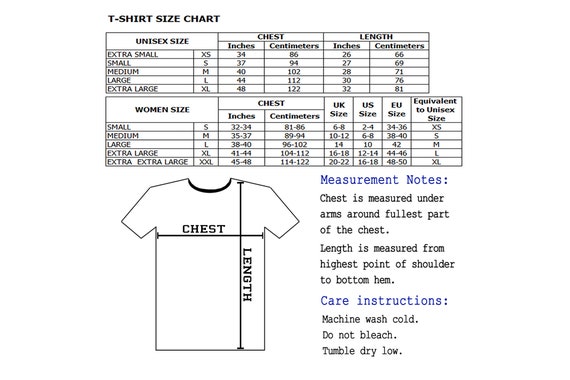 Unisex T Shirt Size Conversion Chart
