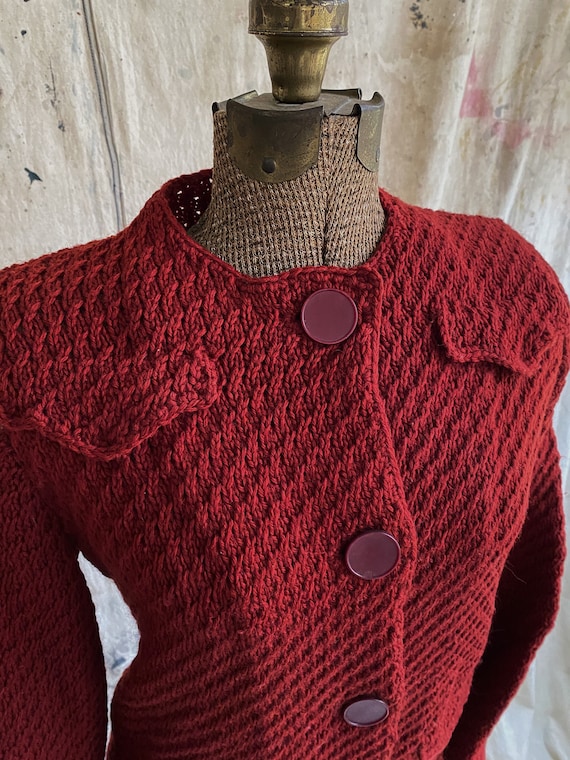 1930’s Cranberry Wool Knit Cardigan S/M