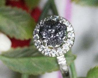 1.51 cts Black Raw diamond ring, Black diamond ring, Black Diamond engagement ring,Black rough diamond ring, 925 silver hammered Ring