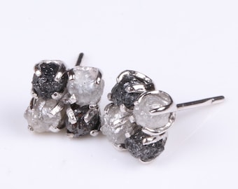 Natural Black Diamond Earring - White Raw Diamond Earring - Gray Rough Uncut Diamond Stud - 925 Silver Studs - Black Diamond Studs