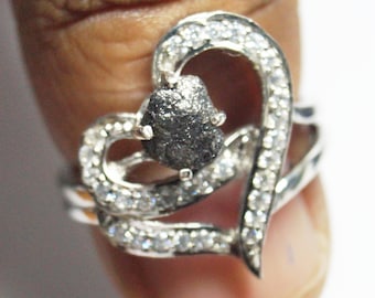 1.0 cts Black Raw diamond ring, Black diamond ring, promise ring, engagement ring, raw stone, Black rough diamond ring, natural diamond ring