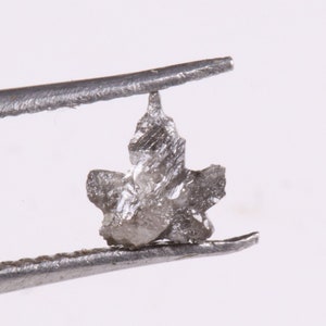 Pode incluir: Um pequeno diamante cinza bruto, preso por uma pinça prateada. O diamante tem uma forma irregular única com múltiplas facetas, assemelhando-se a uma estrela ou flor. O fundo é branco liso.