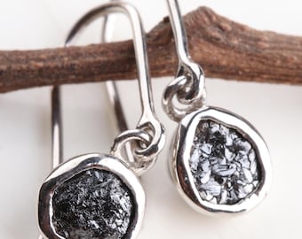 Natural Black Raw Diamond Earring - Rough Diamond Earring - Black Uncut Uncut Diamond Earring -925 Silver Hand made Dangle Drop Earrings