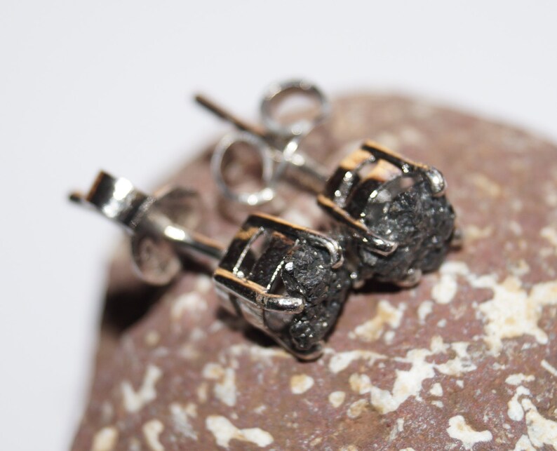 3.20 Tcw Natural Black Diamond Earring - Black Raw Diamond Earring - Black Rough Uncut Diamond Earring -925 Silver Studs - Black Diamond image 5