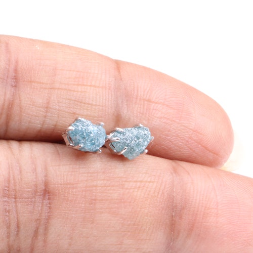 2.50Cts Natural Blue Raw Diamond Earrings, Blue Rough Diamonds Stud, Sterling Silver Stud, 14KT White Gold Stud, Uncut Diamond Stud shops