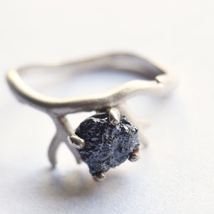 1.60Tcw Black Raw Diamond Ring, Bud Branch with Rough Diamond,raw diamond engagement ring, Twig rough diamond ring, Sterling Silver ring