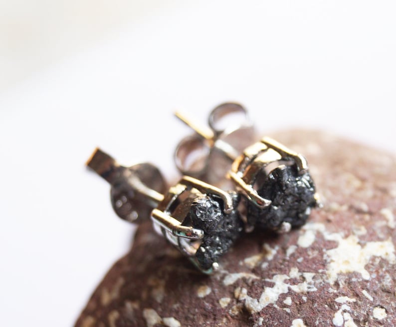 3.20 Tcw Natural Black Diamond Earring - Black Raw Diamond Earring - Black Rough Uncut Diamond Earring -925 Silver Studs - Black Diamond image 4