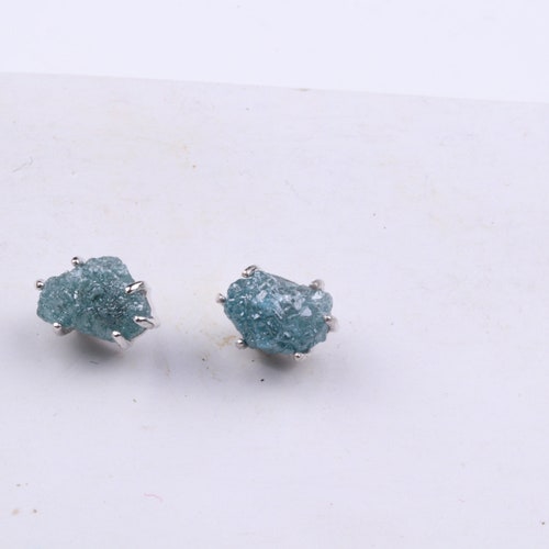 2.50Cts Natural Blue Raw Diamond Earrings, Blue Rough Diamonds Stud, Sterling Silver Stud, 14KT White Gold Stud, Uncut Diamond Stud shops