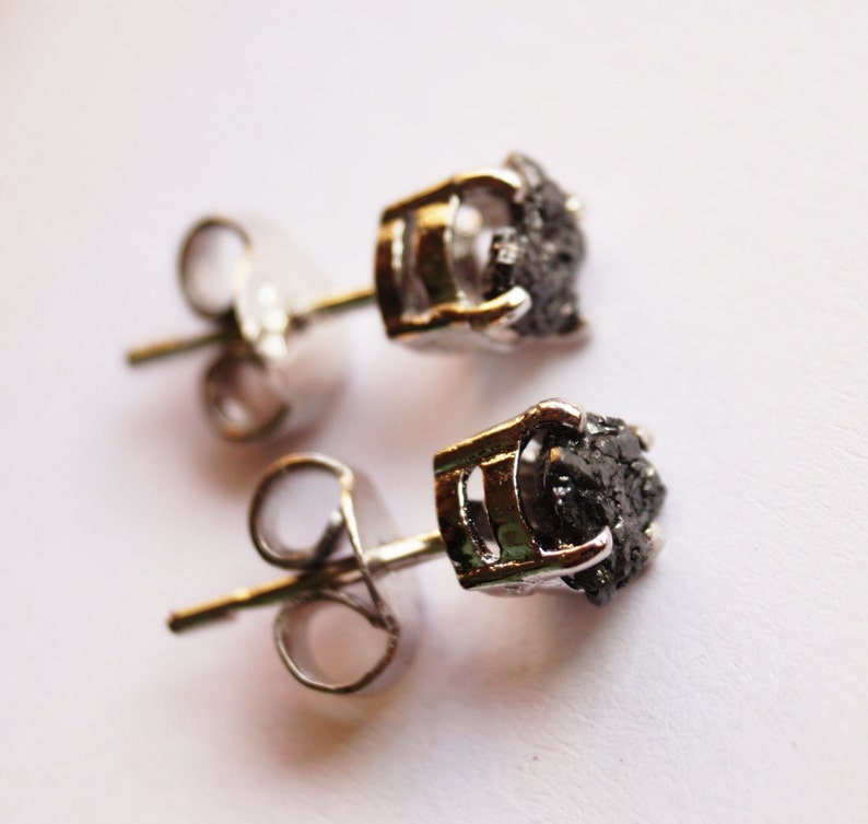 3.20 Tcw Natural Black Diamond Earring - Black Raw Diamond Earring - Black Rough Uncut Diamond Earring -925 Silver Studs - Black Diamond image 2