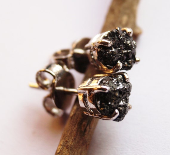 3.20 Tcw Natural Black Diamond Earring - Black Raw Diamond Earring - Black Rough Uncut Diamond Earring -925 Silver Studs - Black Diamond