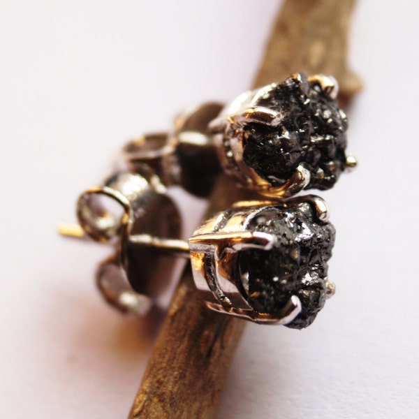 3.20 Tcw Natural Black Diamond Earring - Black Raw Diamond Earring - Black Rough Uncut Diamond Earring -925 Silver Studs - Black Diamond