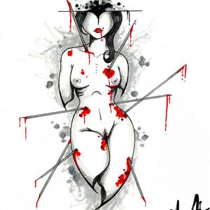 The image is a striking black and white illustration depicting a female figure with a bloodied and distorted appearance, surrounded by splatters of red and black ink.