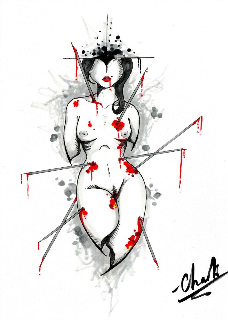 The image is a striking black and white illustration depicting a female figure with a bloodied and distorted appearance, surrounded by splatters of red and black ink.