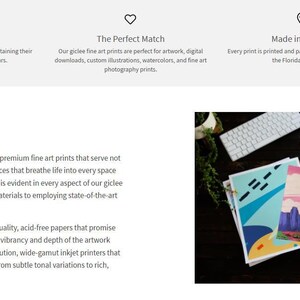 The image is a screenshot of a website page featuring a list of premium art prints and a close-up of a hand holding a piece of art.