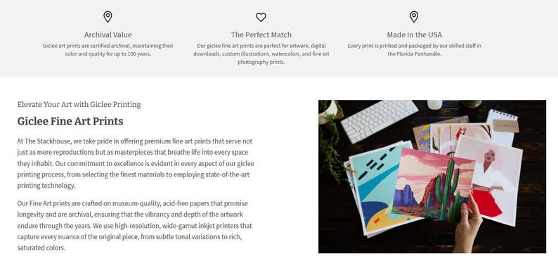The image is a screenshot of a website page featuring a list of premium art prints and a close-up of a hand holding a piece of art.