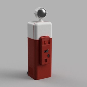 May include: A red and white vintage-style gumball machine. The machine has a rectangular body with a red base and a white top. A small, red coin slot is on the side, and a chrome-colored sphere sits atop the machine.
