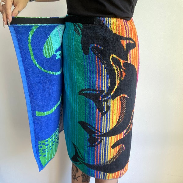 Vintage Rainbow Towel Wrap - Unisex beach towel bath wrap - sarong with palm trees dolphins - 90s stripes graphics pattern - 100% cotton