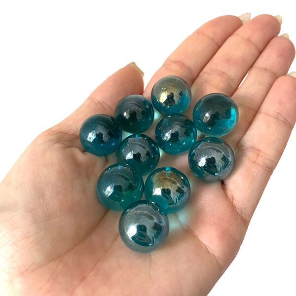 10x Vintage UV Reactive Glass Marbles - Hand made Manganese - art glass blue lustre aura coated - glowing under black light