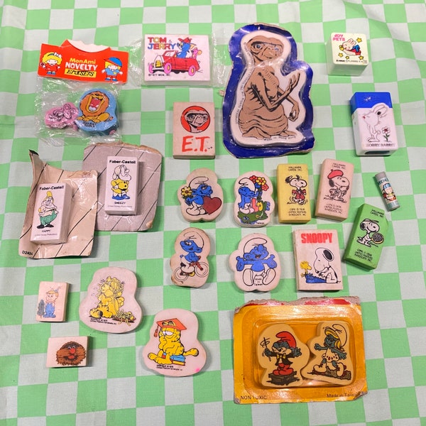 Bulk lot of 23 x Vintage 1980s Erasers - Rubbers / Pencil Toppers Characters E.T Snoopy Garfield Smurfs Tv cartoons Agro Jetsons Tom & Jerry