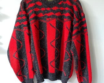 Vintage Colourful Knit Sweater - Size S - Black silver red 3D knitted 80s 90s Jumper textured Italy Italian made