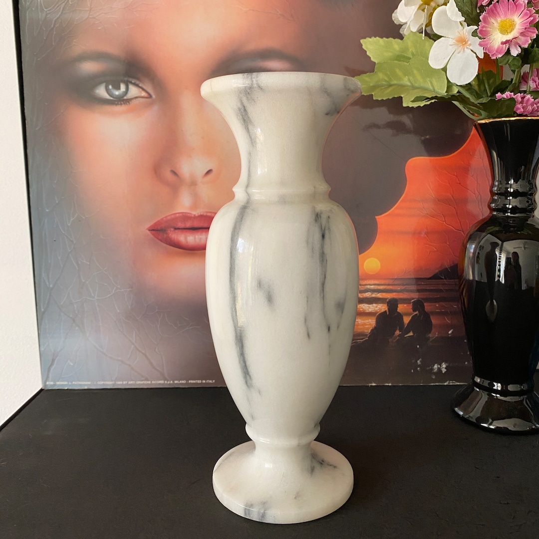 Vintage White Marble Vase Tall Stone Heavy Home Decor Mid Late Century