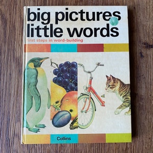 Livre flash vintage pour enfants - Éducation des années 1970 « Grandes images, petits mots » - Livre d'étude sur les animaux du zoo et les objets de plein air - Couverture rigide avec cartes flash