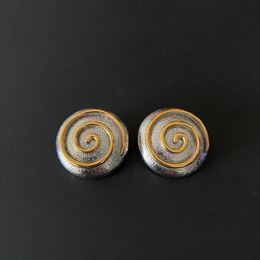 Vintage Gold barcs Clip on Earrings Solid Metal Silver and Gold Swirls Art Deco Style Earrings