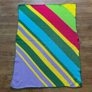 Vintage Rainbow Throw Blanket - Reversible Large hand woven warm blanket - Striped stripey stripes knitted Afghan retro colorful crochet