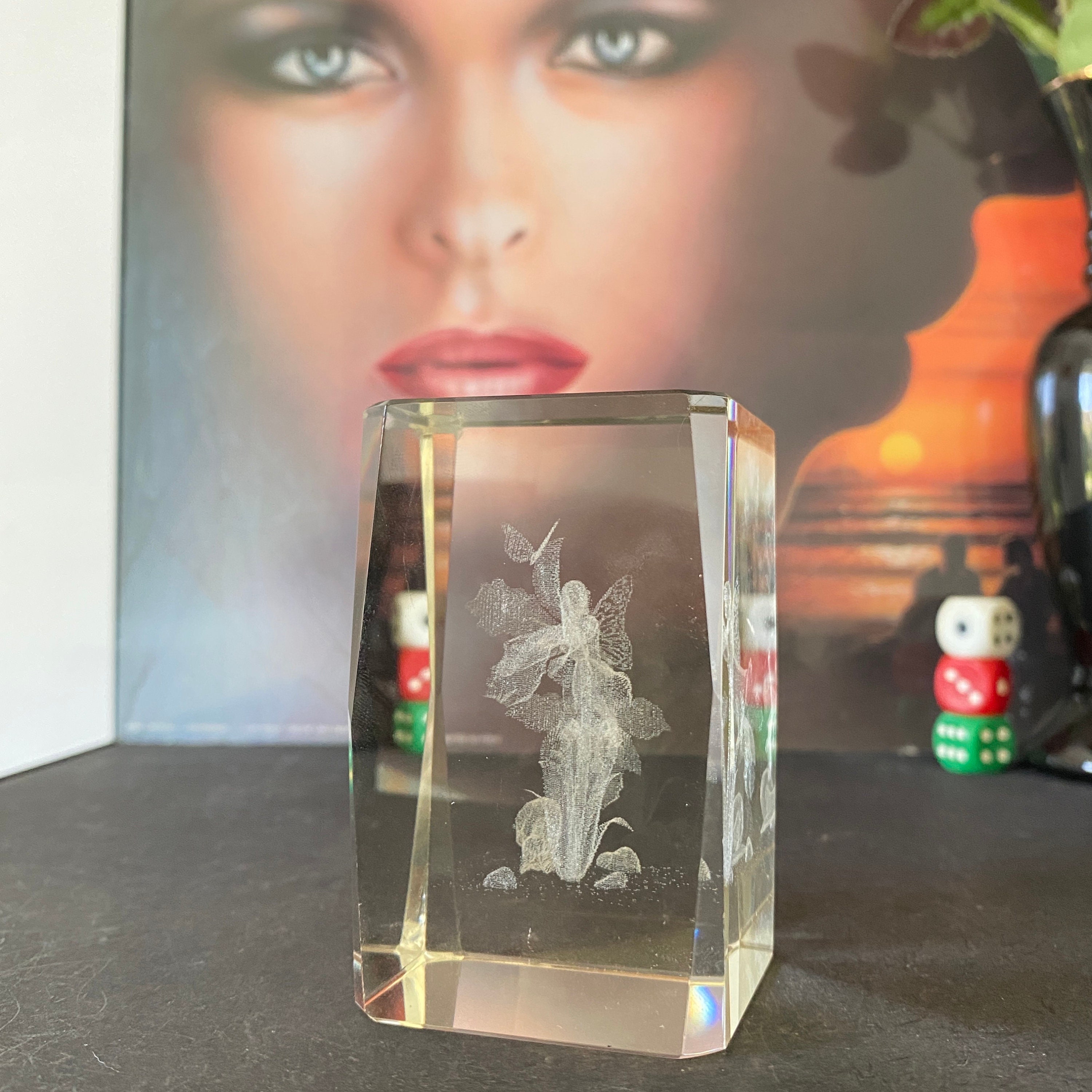 Vintage Glass Fairy Paperweight 3D Laser Glass Floral Fae Art Heavy