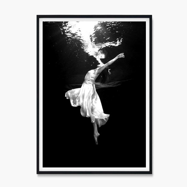 Weightless Ballerina To the Surface Art Print Poster Marina Poster, Ballerina Poster, Swimming lady Print, Black and White Prints, Scandi
