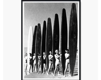 Vintage Surfers, Vintage Surfer Poster, Vintage Surfer Print, Surfboard Poster, Surfboard Wall Art, 1940s 1950s swimsuit Vintage Photography