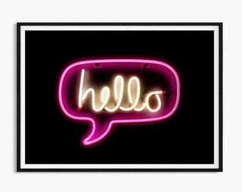 Hello Neon Print, Hello Speech Bubble Print, Neon Wall Art, Teenagers Bedroom Posters, Man Cave Art, Pink Wall Art, Neon prints