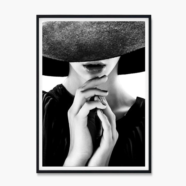 Like a Prayer Art Print Poster, Black Hat Lady Poster, Monochrome Art, Scandi Prints, Nordic Posters, Black and White Wall Art, Fashion