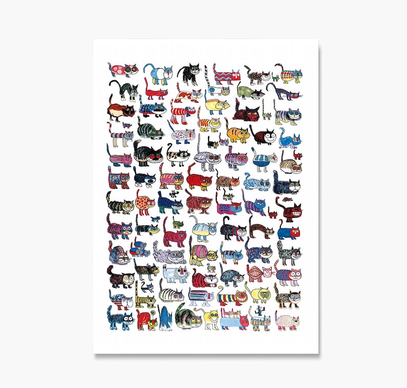 One Hundred Cats and a Mouse Poster by Vittorio Fiorucci, 100 Cats and a Mouse Print, 100 Cats Poster, Vittorio Cat Poster, Vittorio Cat Art image 3